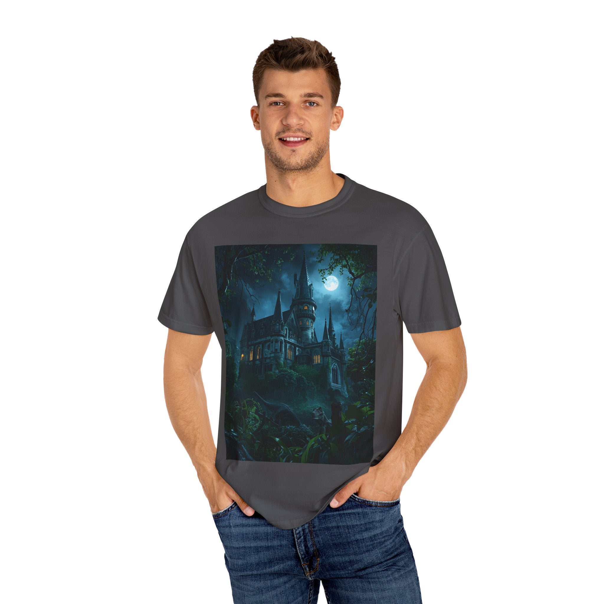 Mystical Night Scene Castle T-Shirt, Spooky Tees, Halloween Apparel, Gothic Style Shirt, Unisex Shirt, Nighttime Scene Tee