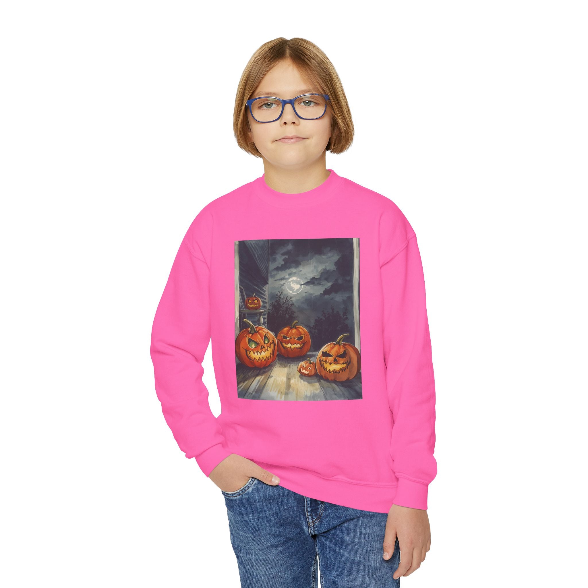 Halloween Pumpkin  Youth Crewneck Sweatshirt, Cozy Fall Sweatshirt, Kids Halloween Apparel, Pumpkin Sweatshirt, Spooky Season Top