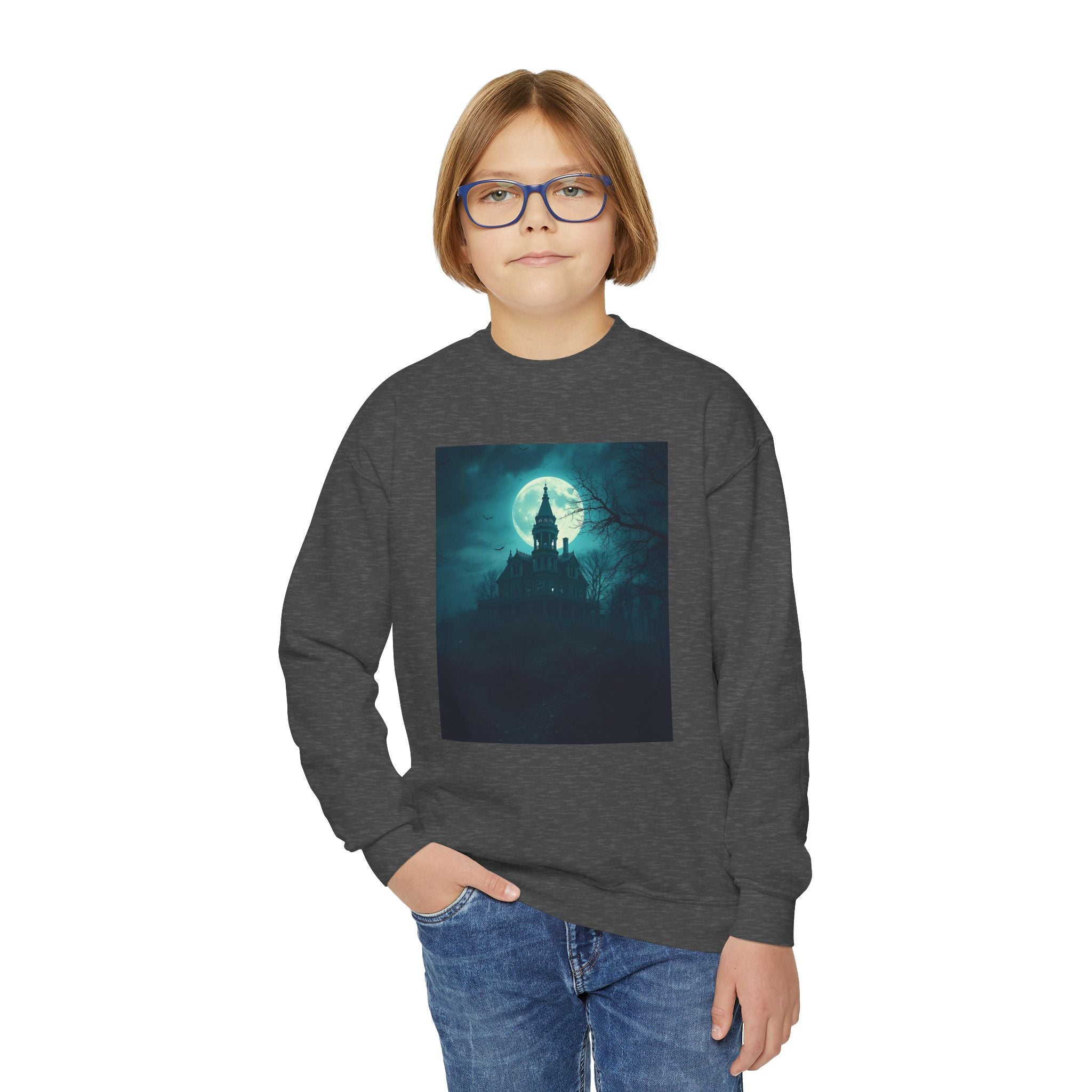 Haunted Moonlight Spooky Castle Youth Crewneck Sweatshirt | Halloween Gift, Cozy Sweatshirt for Kids, Unique Graphic Sweatshirt, Autumn Wardrobe Essential