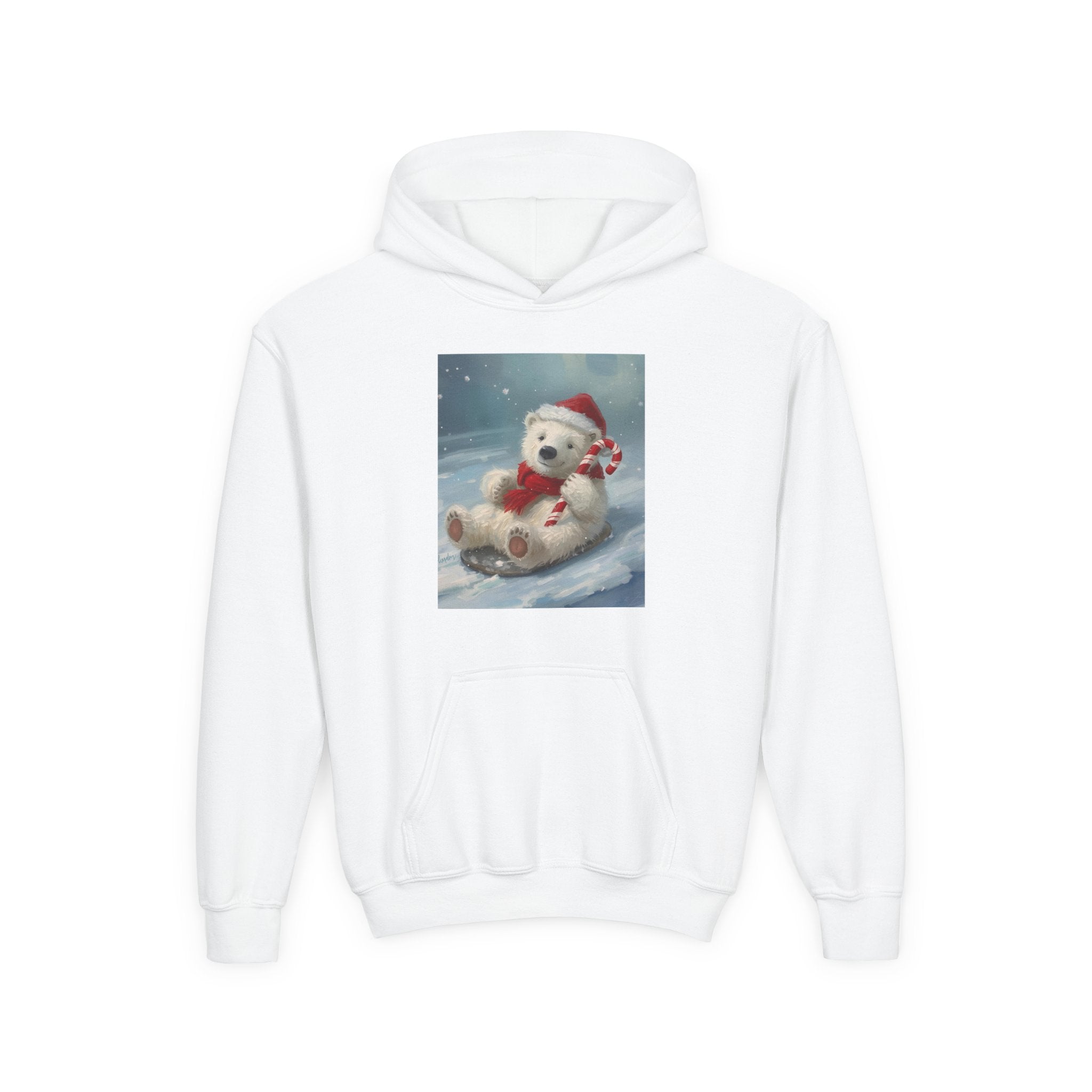 Cozy Christmas Bear Youth Hooded Sweatshirt, Winter Hoodie, Holiday Gift, Cute Sweatshirt for Kids, Festive Apparel