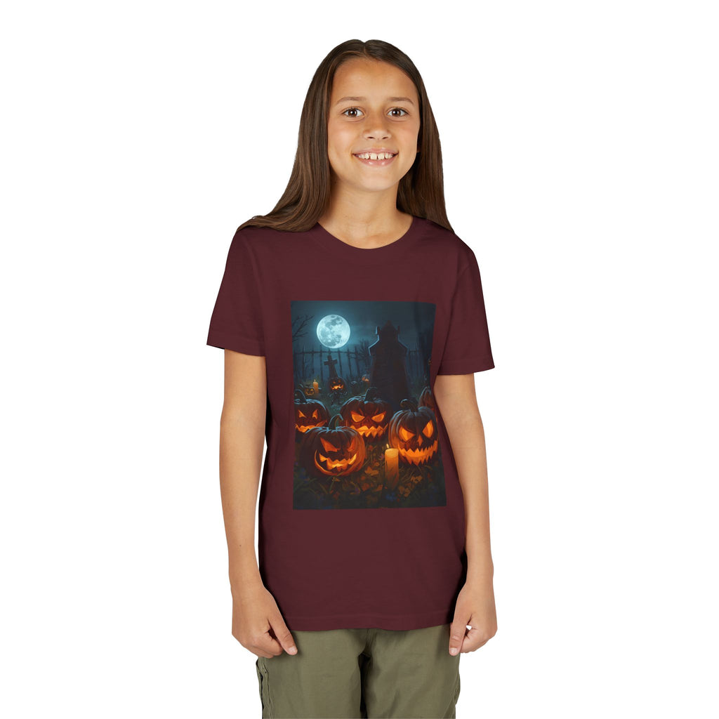 Scary Halloween Pumpkin Youth Short Sleeve Tee, Cute Halloween Shirt, Kids Costume Top, Spooky Tees, Trick or Treat Shirt