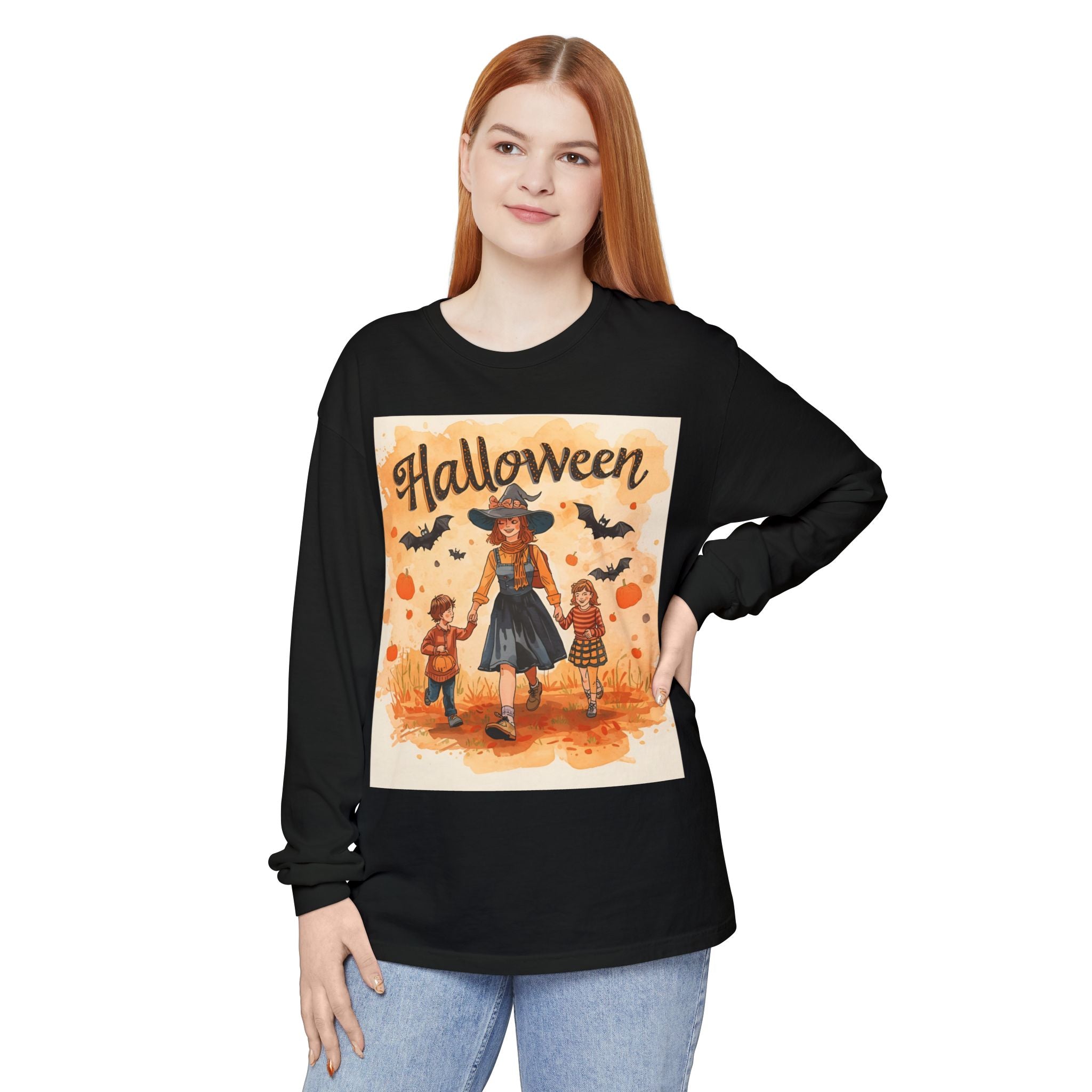 Halloween Themed Mom And Children Unisex Garment-dyed Long Sleeve T-Shirt