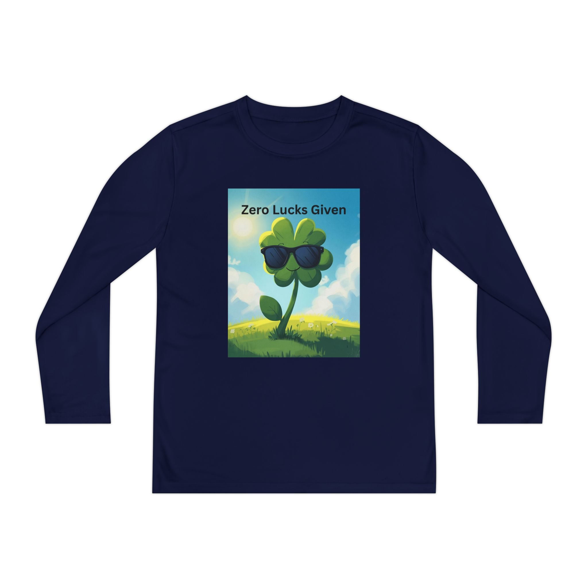 Zero Lucks Given Youth Long Sleeve Tee, Fun Graphic Shirt, Clover Print Top, Gift for Kids, Statement Tee, Birthday Gift