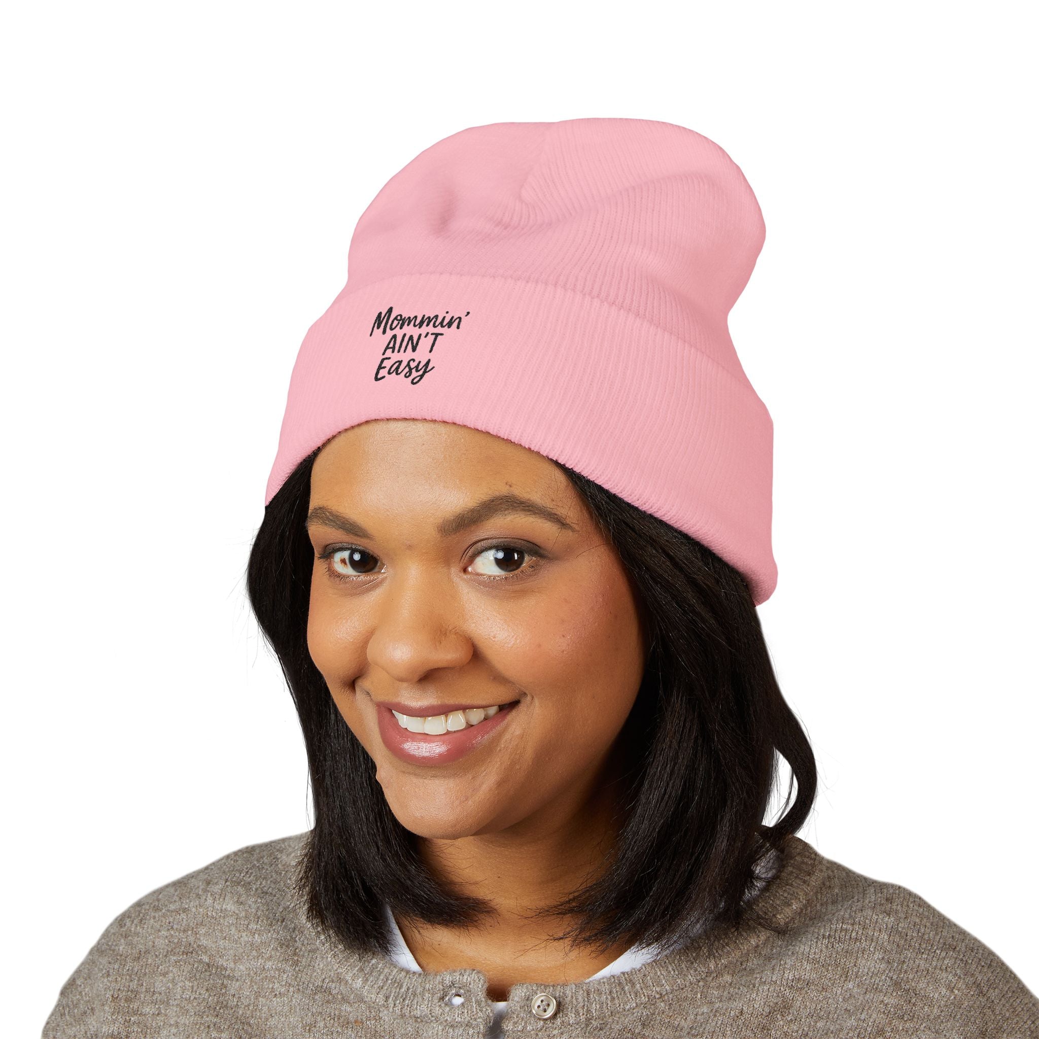 Mama Mode Mommin' Ain't Easy Embroidered Cuffed Beanie — Cozy Mom Gift, Funny Mother's Day Knit Hat