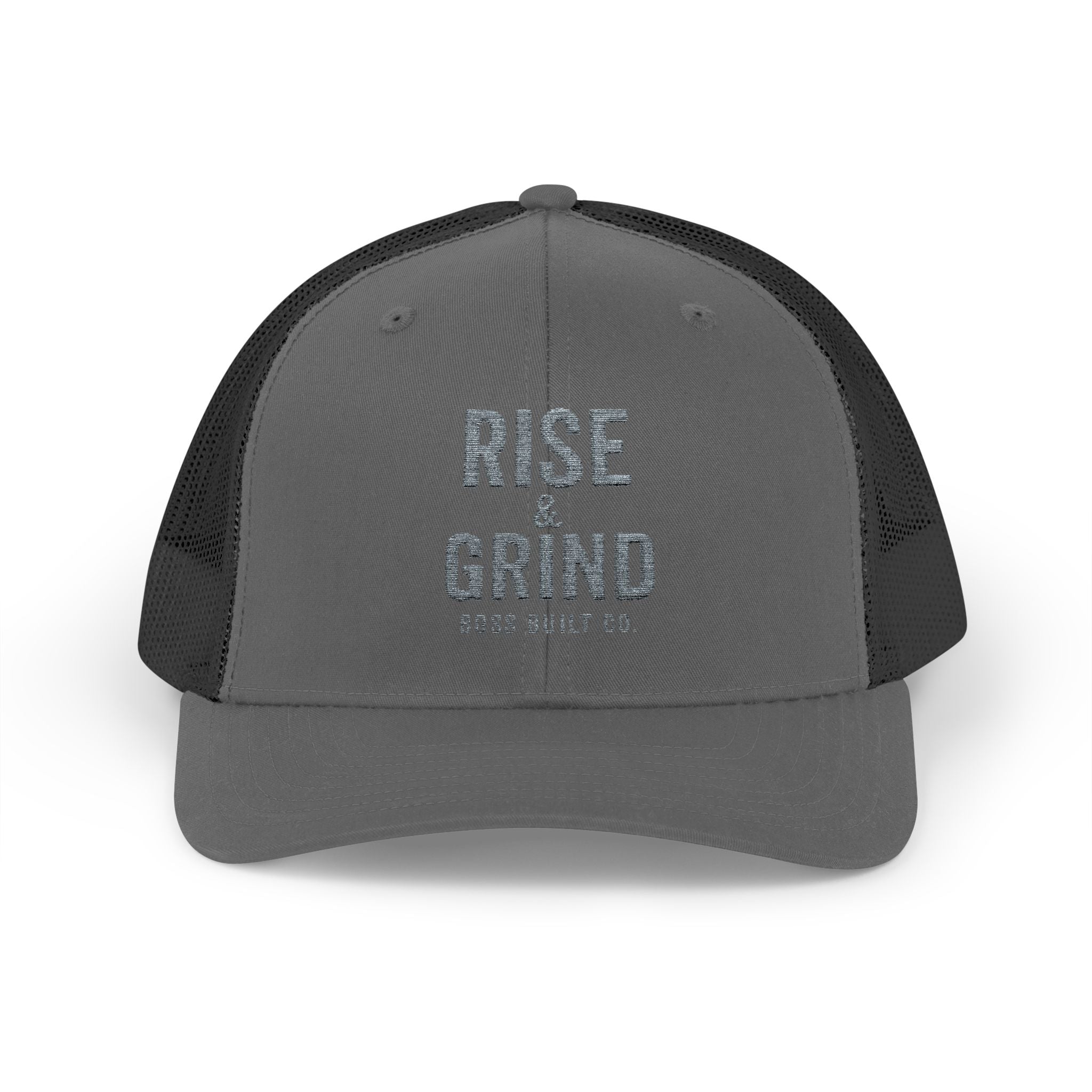 Boss Built Co Rise & Grind Snapback Trucker Cap — Motivational Embroidered Hat