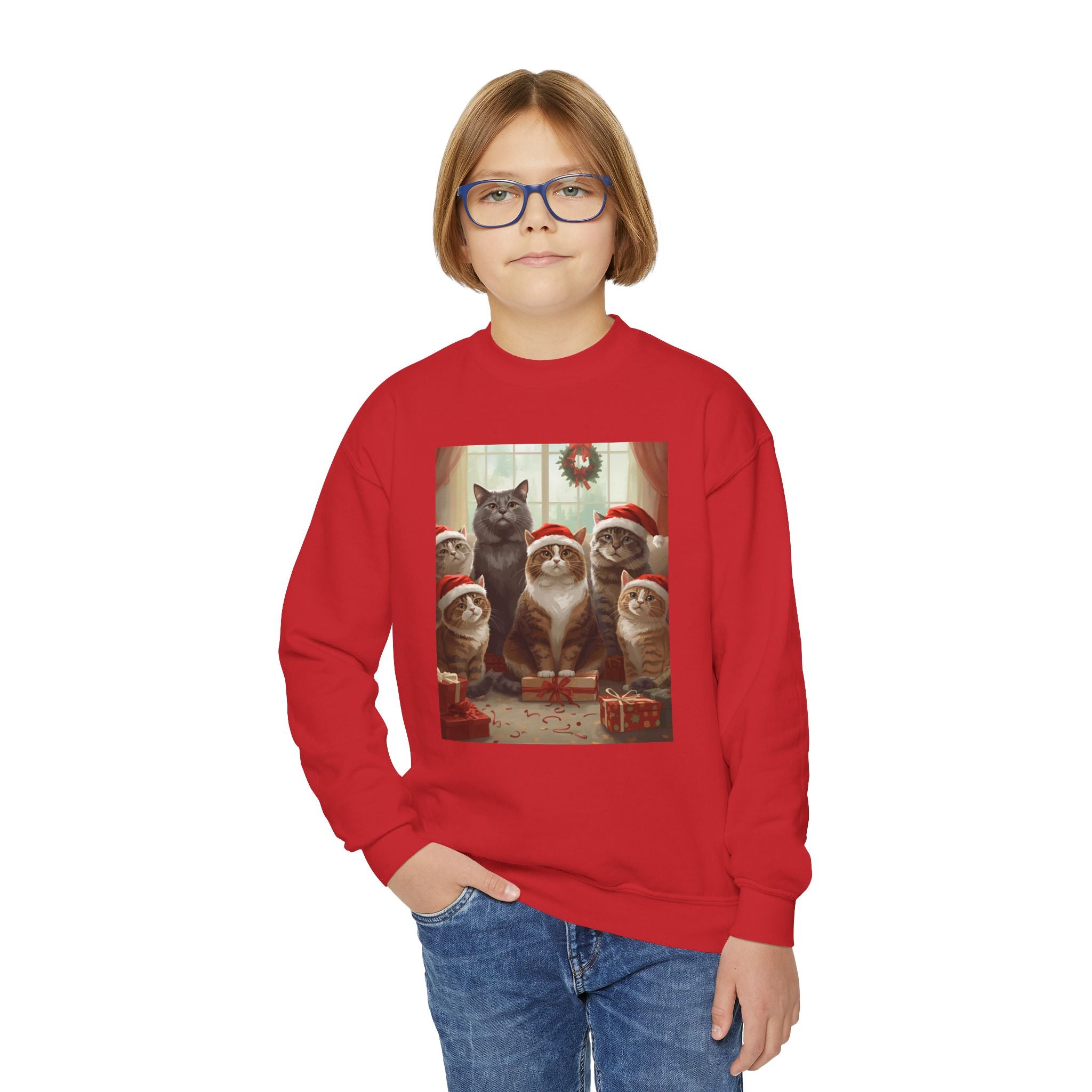 Cute Festive Christmas Cat Youth Crewneck Sweatshirt