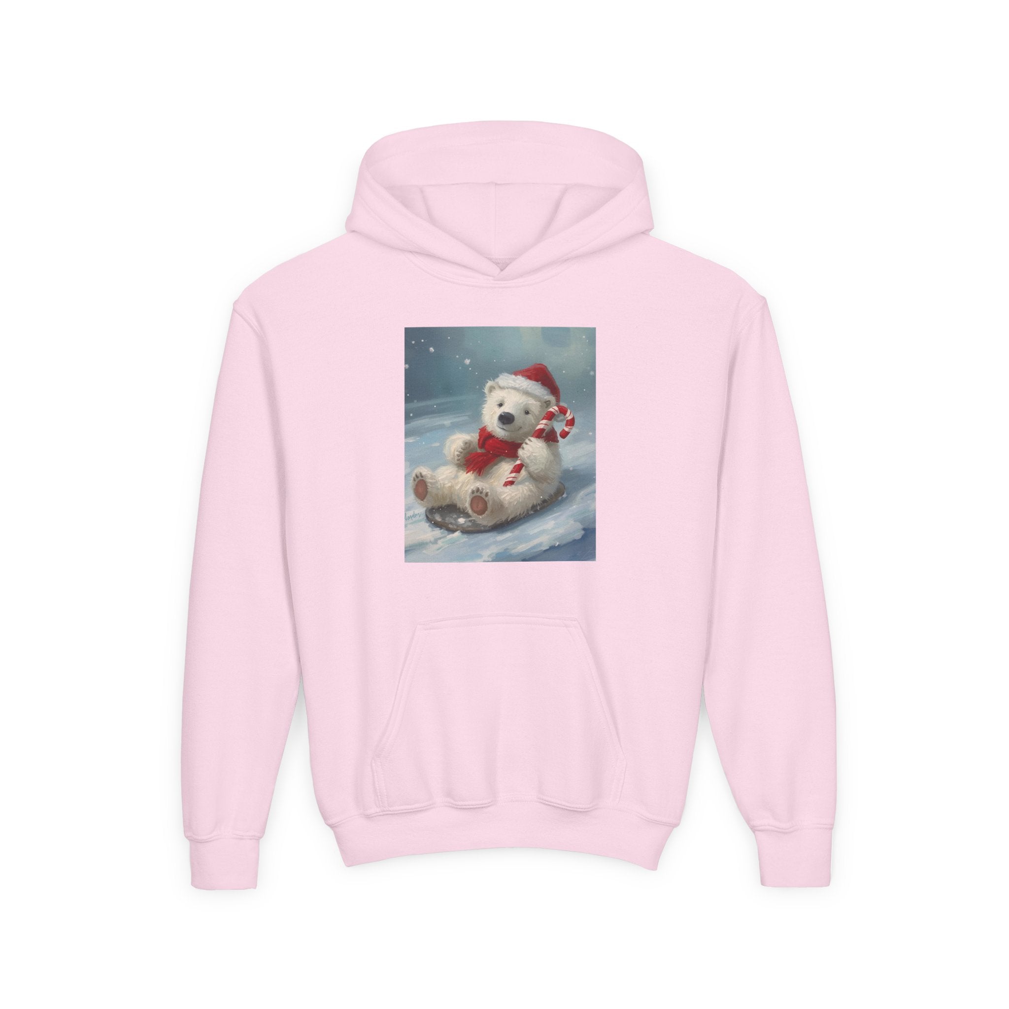 Cozy Christmas Bear Youth Hooded Sweatshirt, Winter Hoodie, Holiday Gift, Cute Sweatshirt for Kids, Festive Apparel
