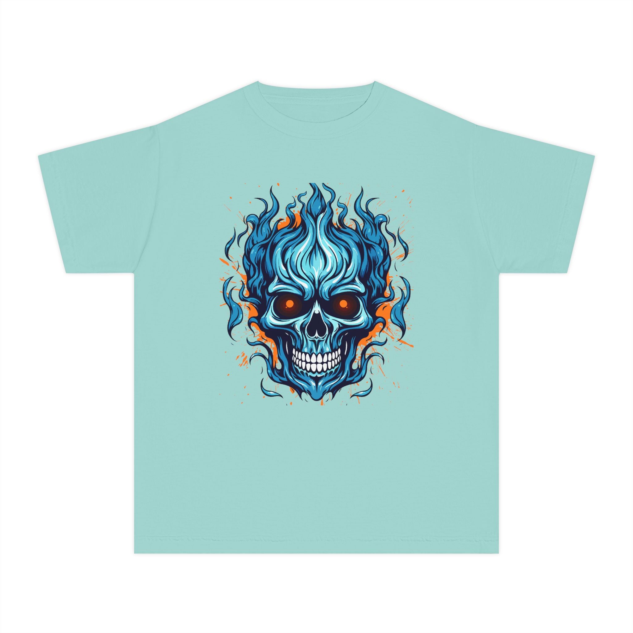 Skull Flame Youth Graphic Skull Tee, Cool Teen Fashion, Edgy Summer Wear, Halloween Costume, Unique Gift for Kids, Casual Everyday Style