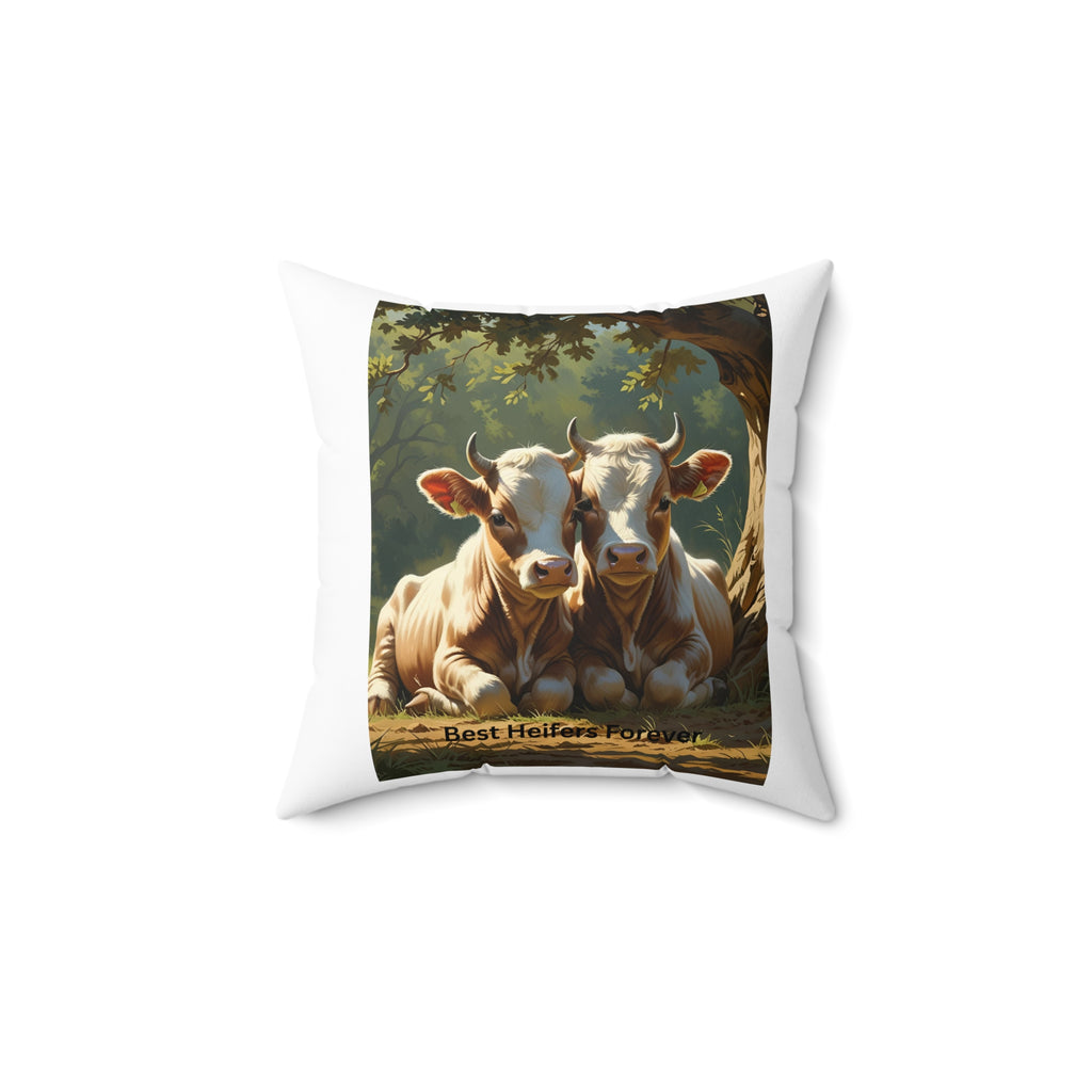 Cow-Themed Square Pillow, Farmhouse Decor, Best Heifers Forever, Animal Lover Cushion, Gift for Cow Enthusiasts, Rustic Home Accent