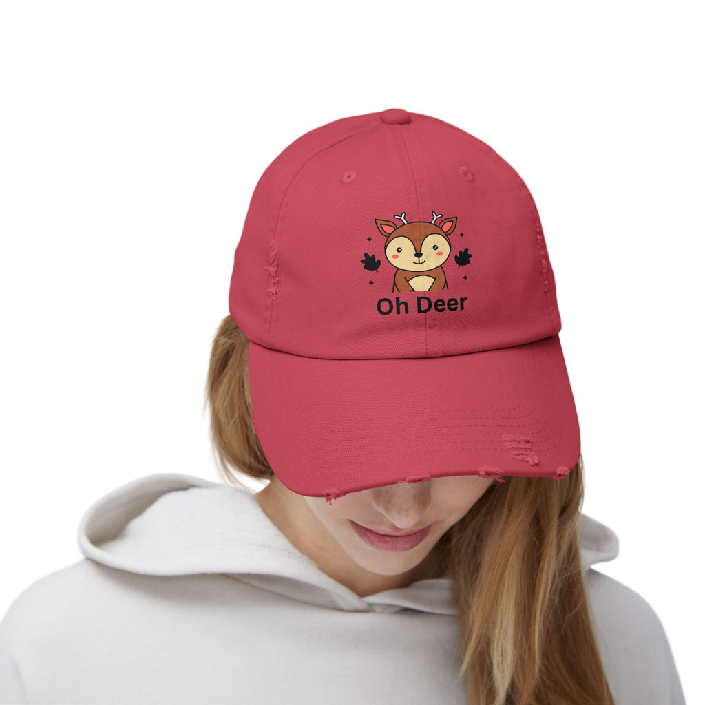 Cute Distressed Cap with 'Oh Deer' Design, Fun Gift for Nature Lovers, Unisex Outdoor Hat, Ideal for Birthdays, Holidays, Casual Wear