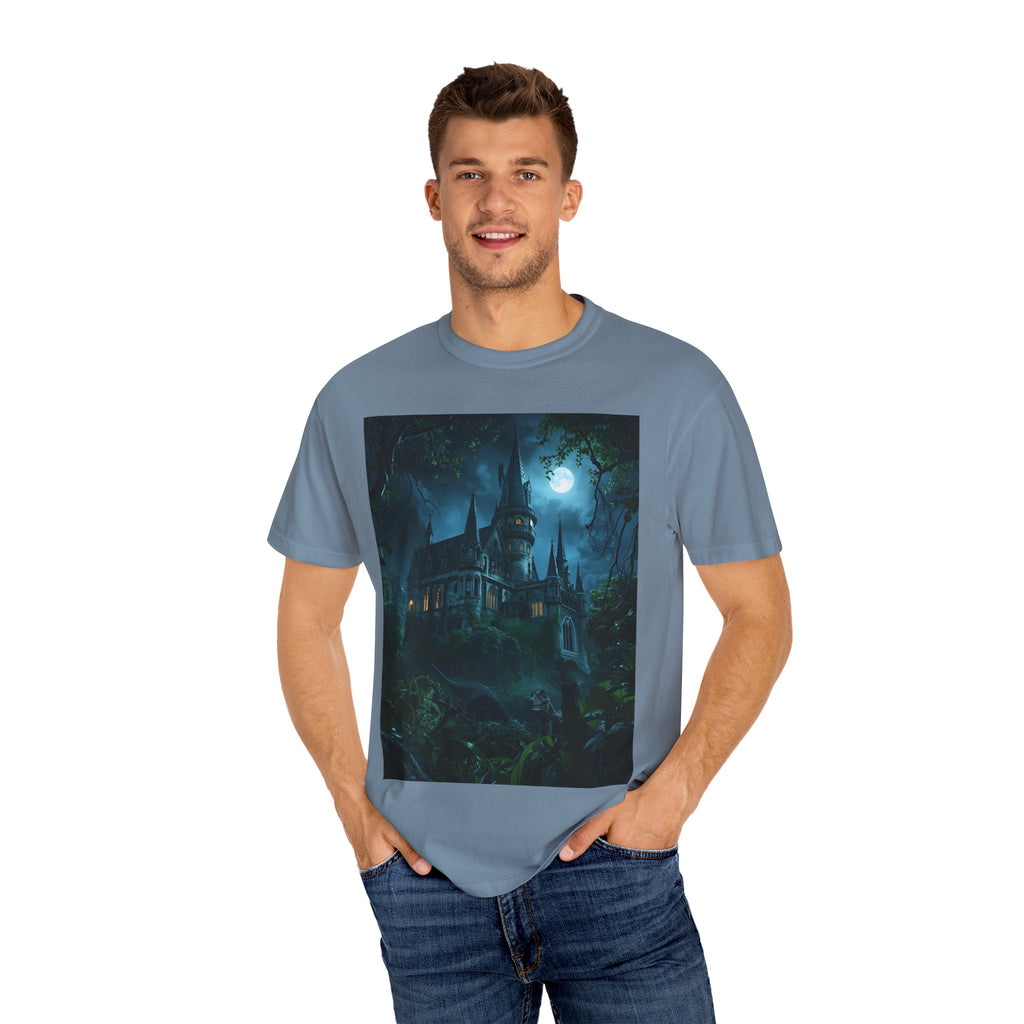 Mystical Night Scene Castle T-Shirt, Spooky Tees, Halloween Apparel, Gothic Style Shirt, Unisex Shirt, Nighttime Scene Tee