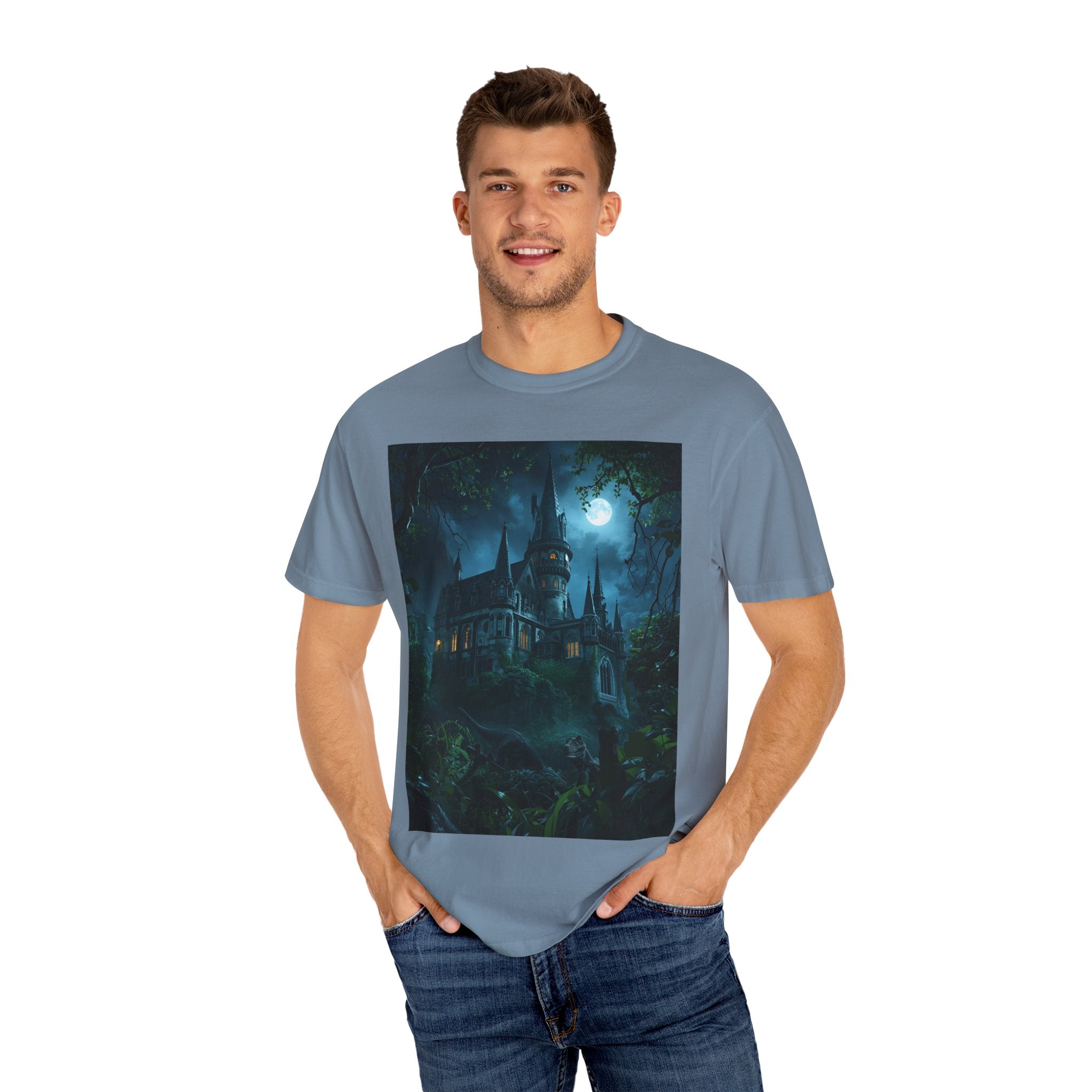 Mystical Night Scene Castle T-Shirt, Spooky Tees, Halloween Apparel, Gothic Style Shirt, Unisex Shirt, Nighttime Scene Tee