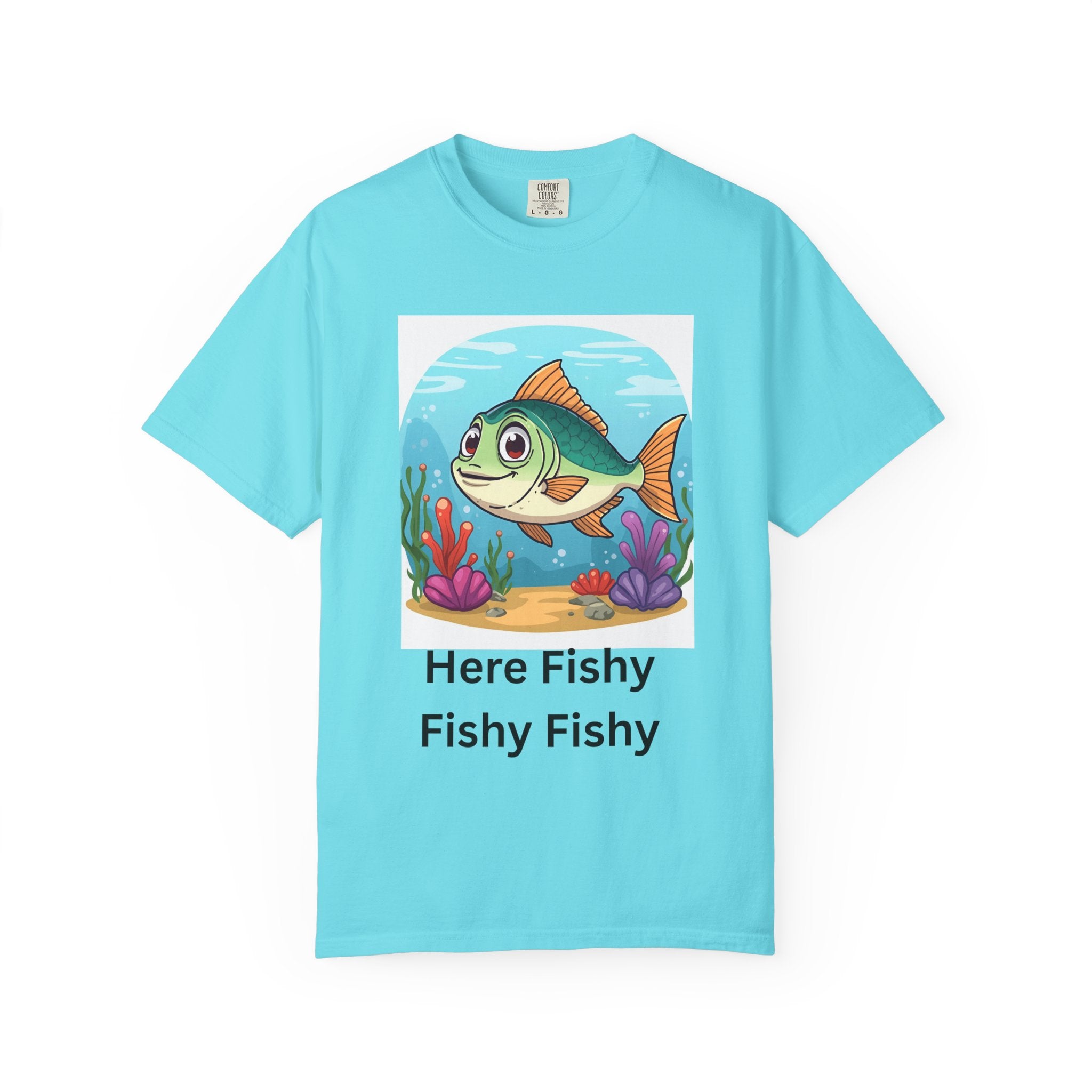 Here Fishy Fishy Fishy Colorful Fish-Themed Unisex T-Shirt, Fun Graphic Tee for Kids and Adults, Perfect for Summer, Fishing Trips, and Gift Giving