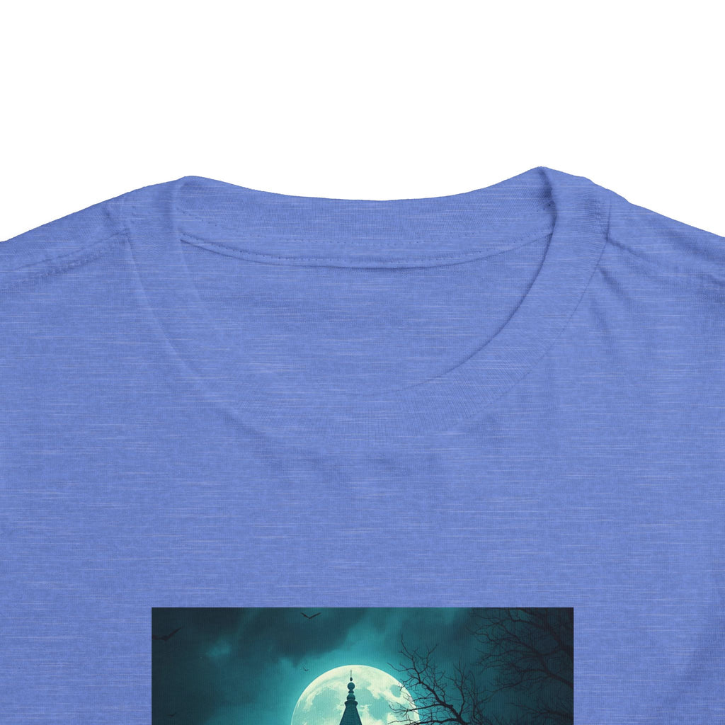Haunted Moonlight Toddler Halloween Short Sleeve Tee, Ghostly Castle Shirt, Spooky Toddler Tee, Kids Halloween Costume Top, Fall Festivity Apparel