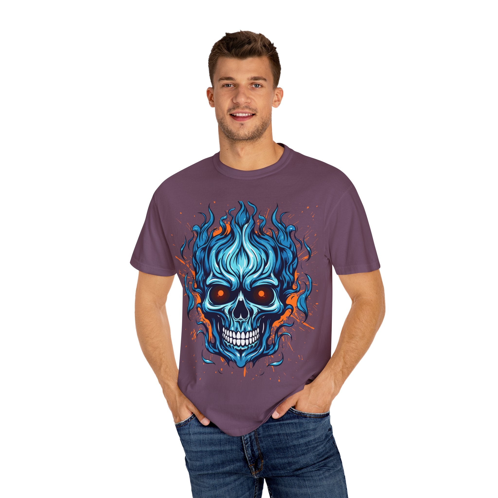 Flaming Skull T-Shirt, Unisex Graphic Tee, Edgy Casual Wear, Halloween Apparel, Gift for Rock Music Fans