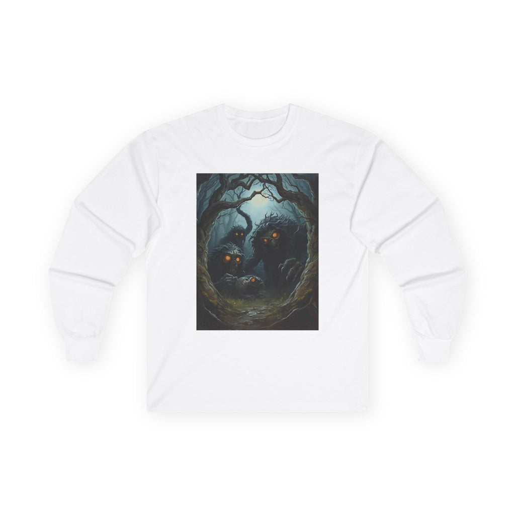 Spooky Mystical Forest Long Sleeve Tee - Cozy Unisex Shirt, Fall Fashion, Nature Lover Gift, Halloween Apparel, Unique Art Tee