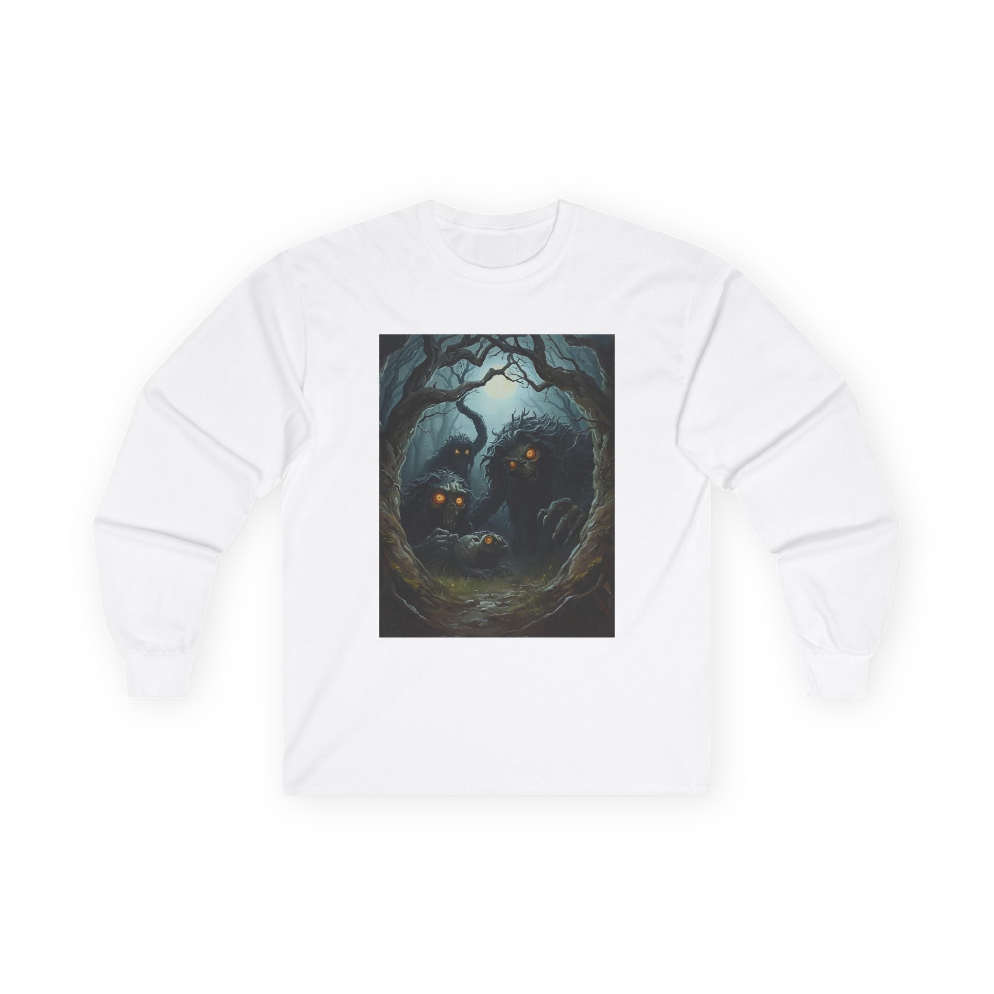 Spooky Mystical Forest Long Sleeve Tee - Cozy Unisex Shirt, Fall Fashion, Nature Lover Gift, Halloween Apparel, Unique Art Tee