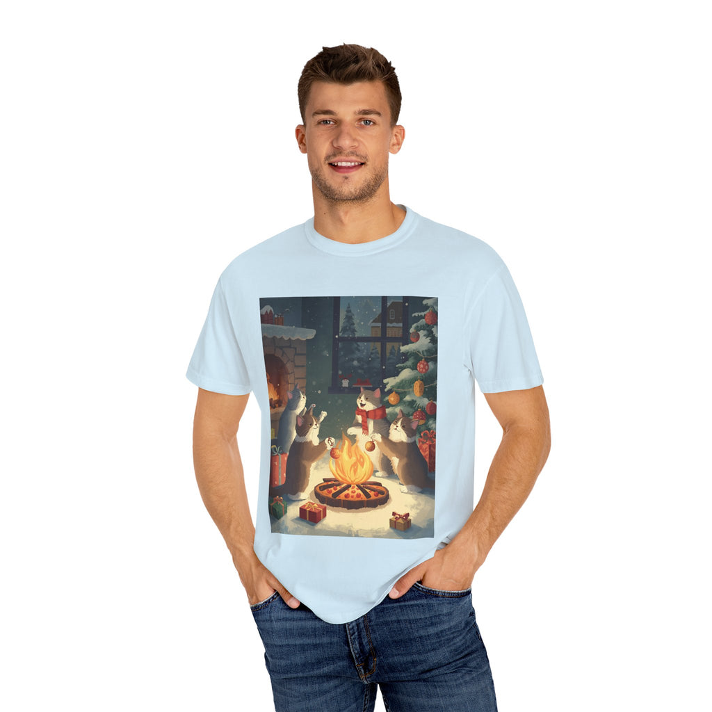Cozy Winter Cat T-shirt, Unisex Garment-Dyed Shirt, Holiday Gift, Christmas Apparel, Cat Lover Tee, Festive Casual Wear