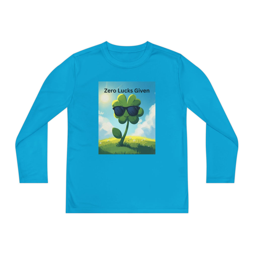Zero Lucks Given Youth Long Sleeve Tee, Fun Graphic Shirt, Clover Print Top, Gift for Kids, Statement Tee, Birthday Gift