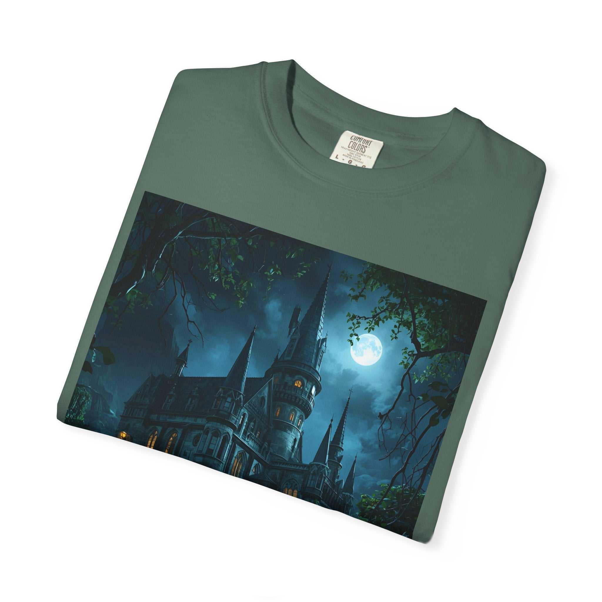Mystical Night Scene Castle T-Shirt, Spooky Tees, Halloween Apparel, Gothic Style Shirt, Unisex Shirt, Nighttime Scene Tee