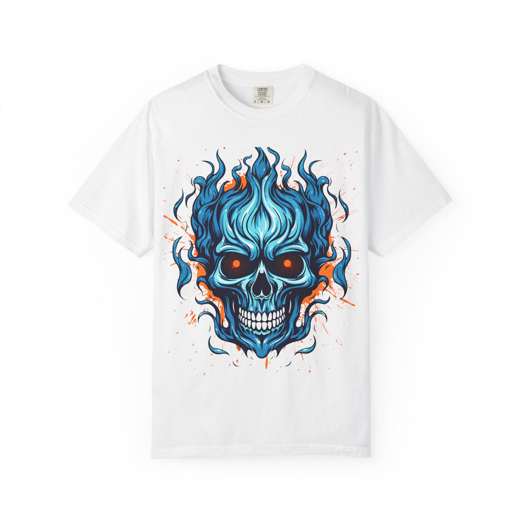 Flaming Skull T-Shirt, Unisex Graphic Tee, Edgy Casual Wear, Halloween Apparel, Gift for Rock Music Fans