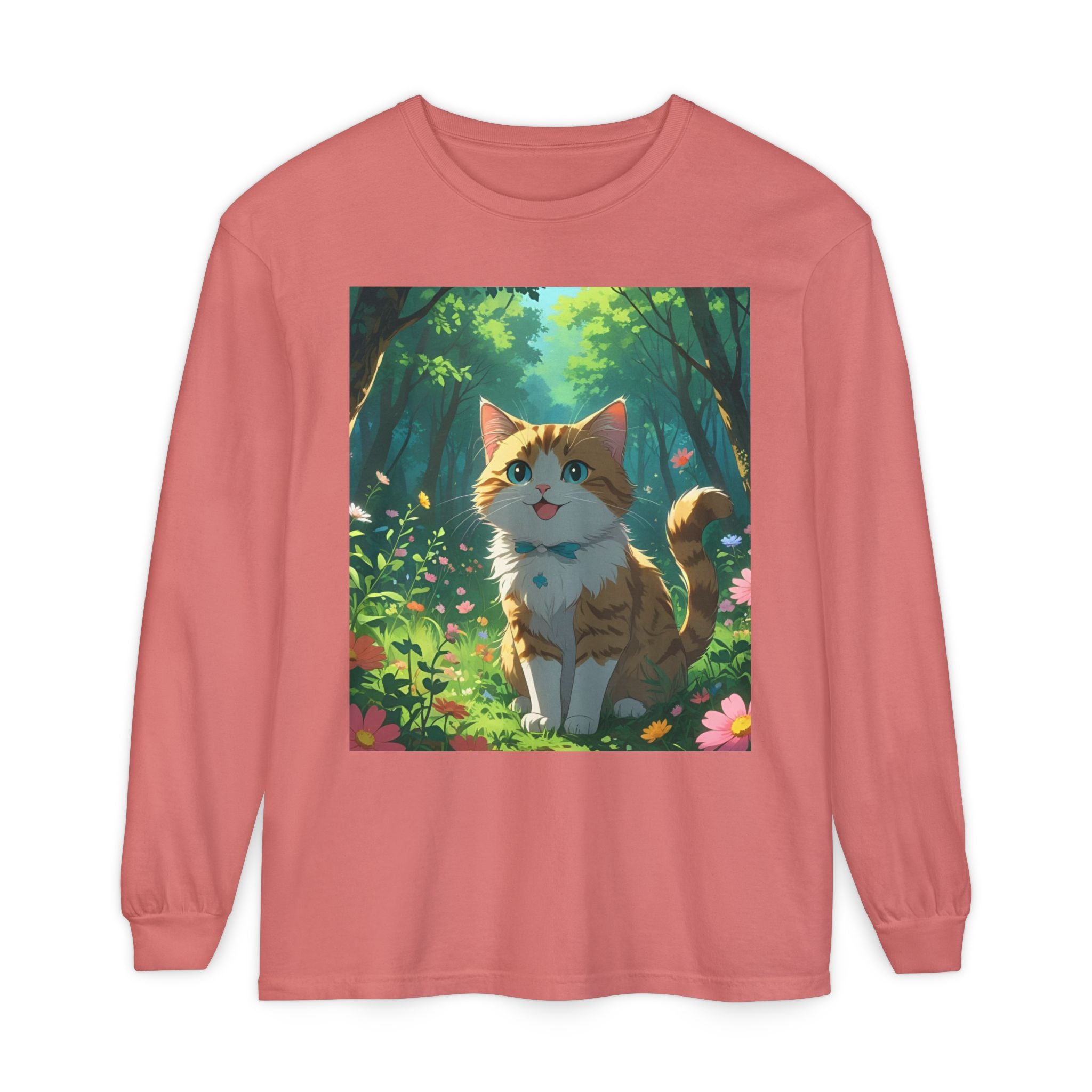 Whimsical Cat In Forest Long Sleeve T-Shirt - Perfect for Cat Lovers, Nature Enthusiasts, Gifts, Cozy Wear, Everyday Style