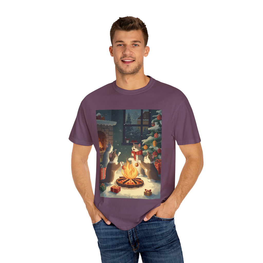 Cozy Cat Campfire T-shirt, Unisex Garment-Dyed Tee, Holiday Gift, Cat Lover Gift, Cute Winter T-shirt, Cozy Nightwear, Christmas Shirt