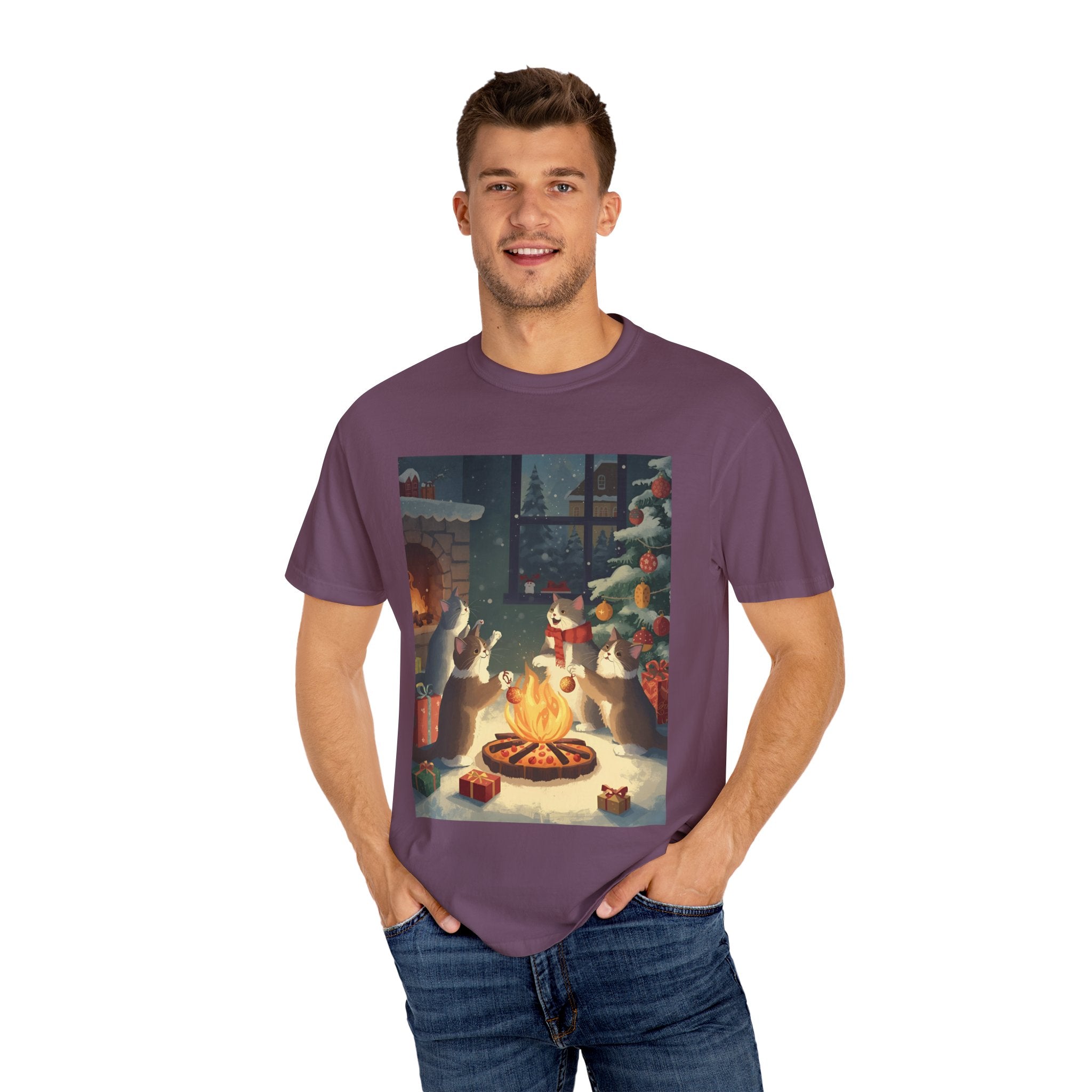 Cozy Cat Campfire T-shirt, Unisex Garment-Dyed Tee, Holiday Gift, Cat Lover Gift, Cute Winter T-shirt, Cozy Nightwear, Christmas Shirt
