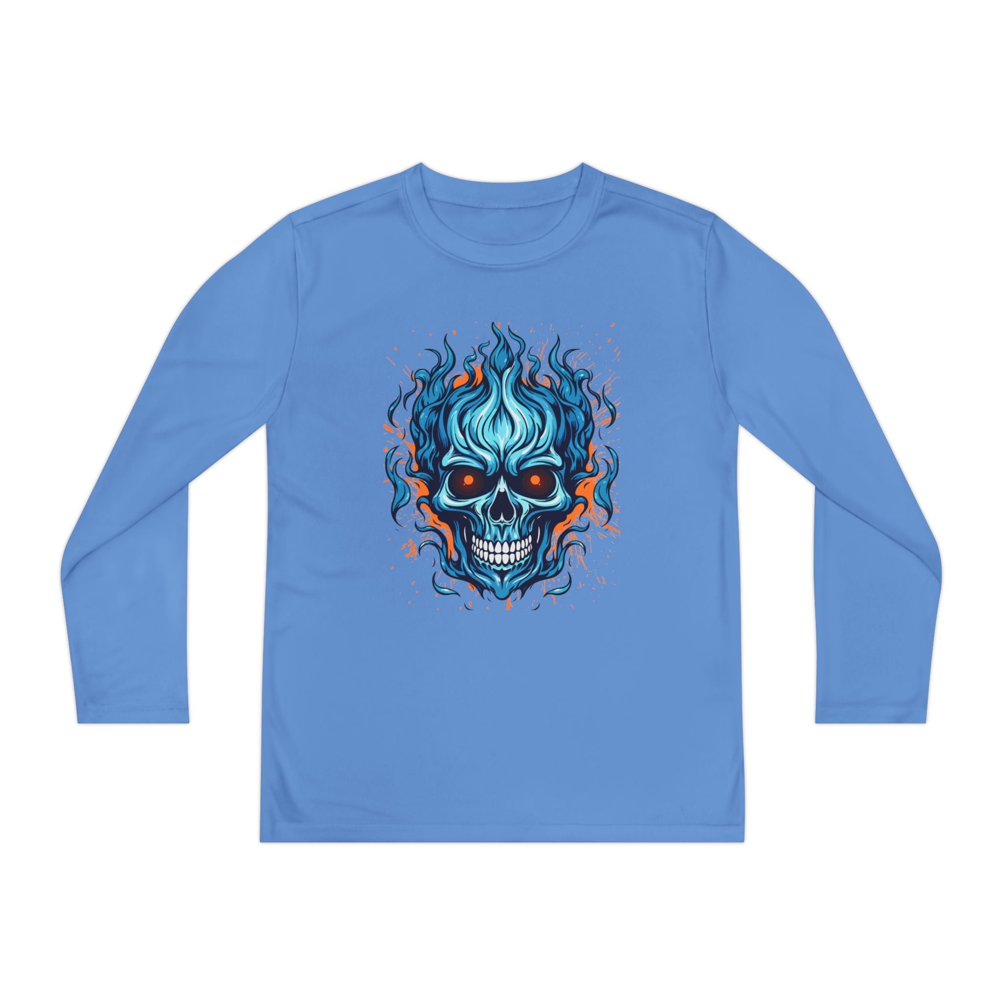 Skull Flame Youth Long Sleeve Skull Tee, Perfect for Halloween, Edgy Gift for Teens, Cozy Casual Wear, Skull Art Graphic Tee, Unique Birthday Present