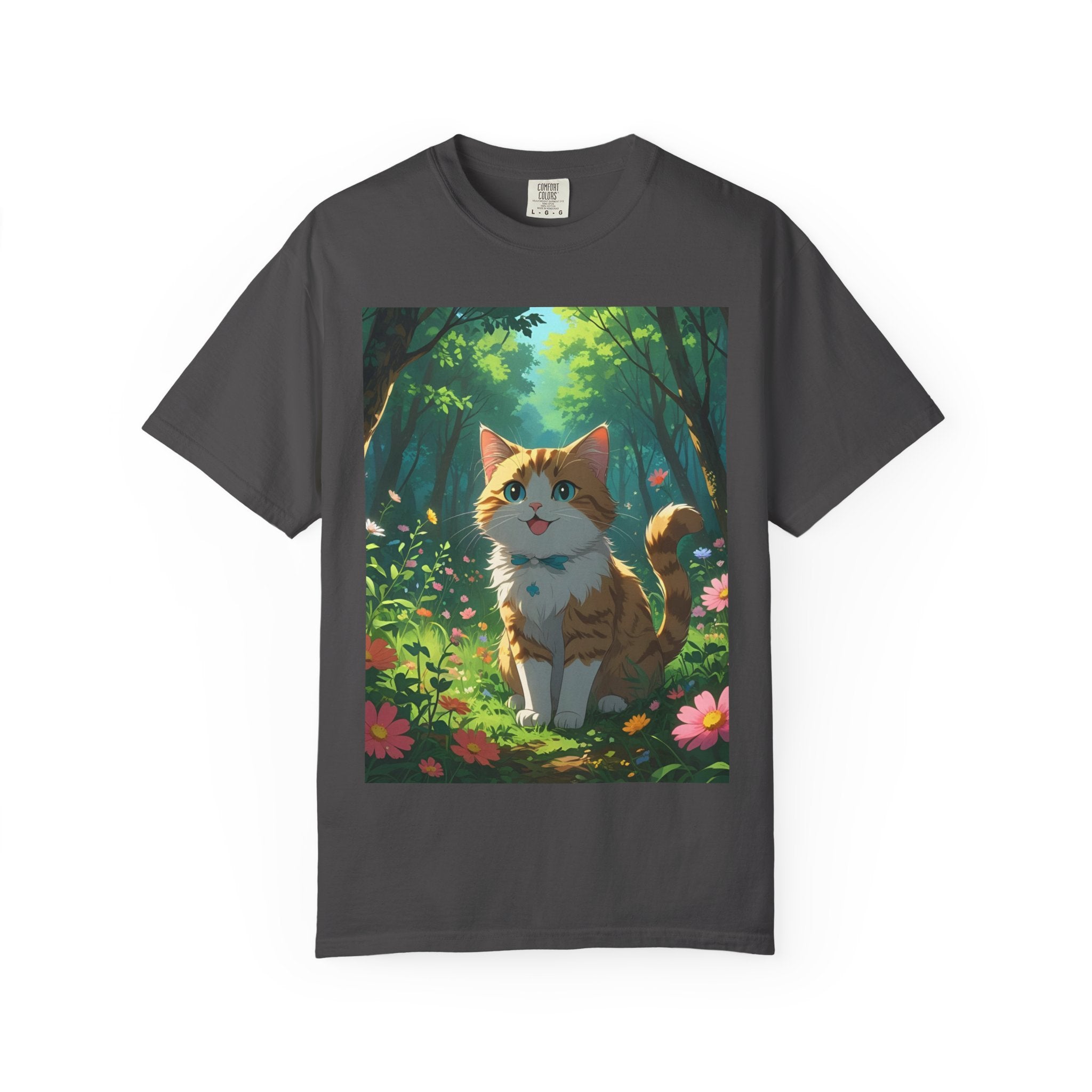 Whimsical Cat In Forest T-Shirt | Nature Lover Gift, Cute Pet Shirt, Animal Art Tee, Summer Outfit, Eco-Friendly Fashion
