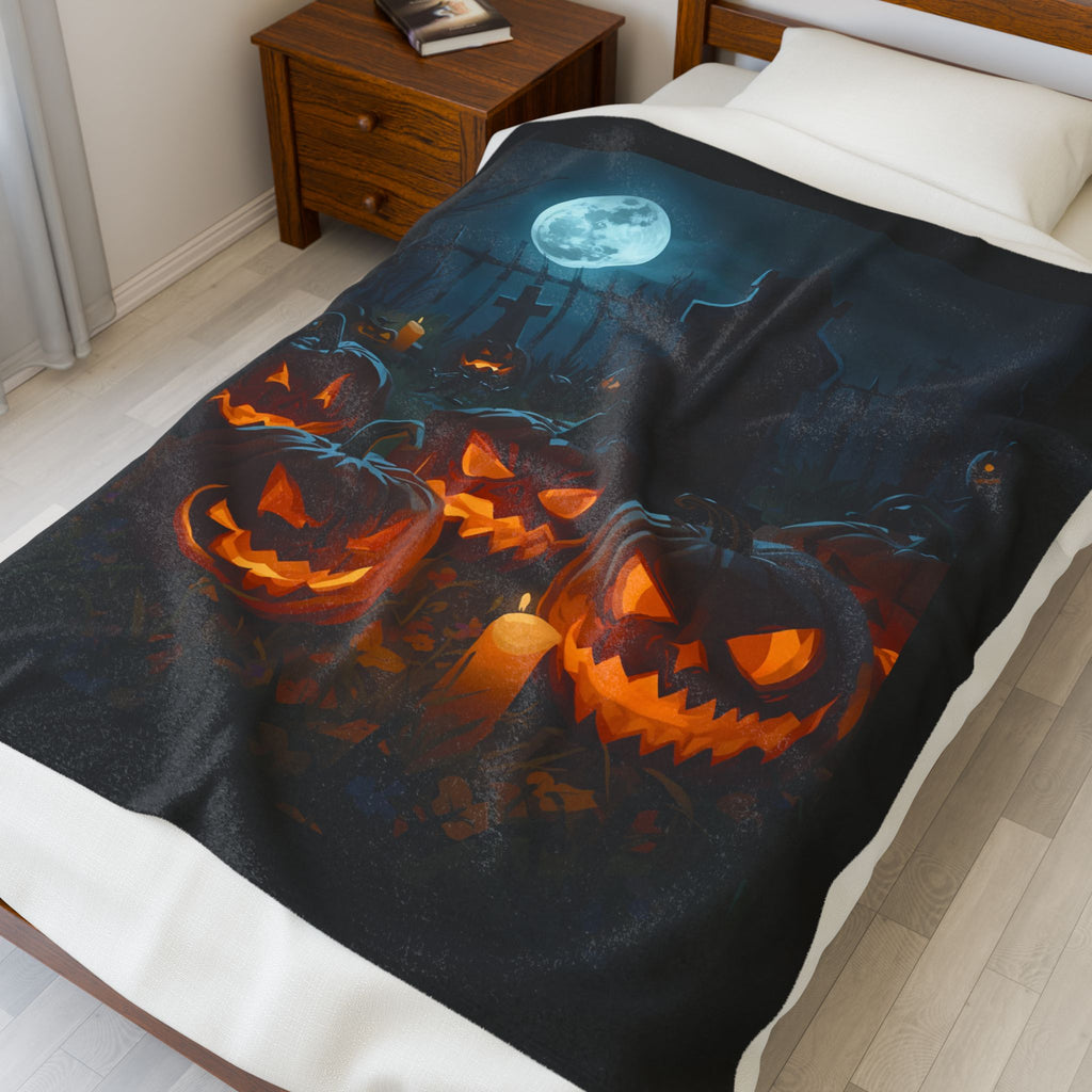 Halloween Themed Scary Pumpkin Velveteen Plush Blanket, Cozy Fall Decor, Seasonal Gift, Spooky Home Accent, Pumpkin Pattern Blanket