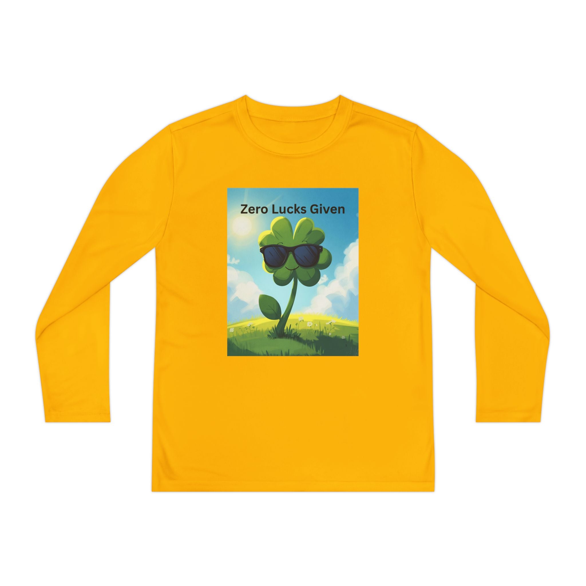Zero Lucks Given Youth Long Sleeve Tee, Fun Graphic Shirt, Clover Print Top, Gift for Kids, Statement Tee, Birthday Gift