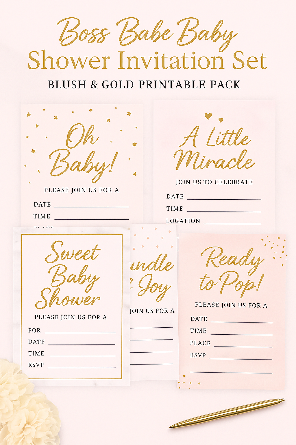 Boss Babe Baby Shower Invitations – Blush & Gold Printable by Boss Babe Plans